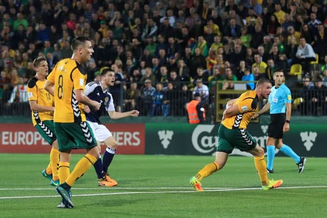 Andrew Robertson scores Scotlands second goal in Vilnius on Friday night. Picture: Adam Davy/PA
