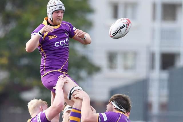Marrs Kyle Heatherall rises above the rest to win a lineout for the visitors at Scotstoun. Picture: SNS/SRU.