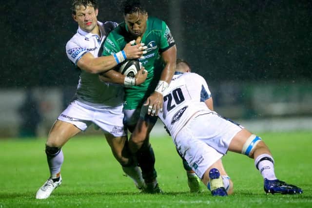 Glasgow Warriors Peter Horne and Matt Fagerson tackle Bundee Aki of Connacht. Picture:  INPHO.