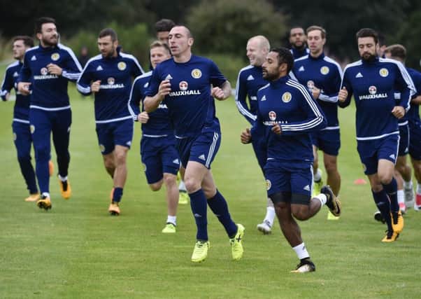 Scott Brown, centre, and the rest of the Scotland squad are put through their paces at Mar Hall. Picture: SNS.