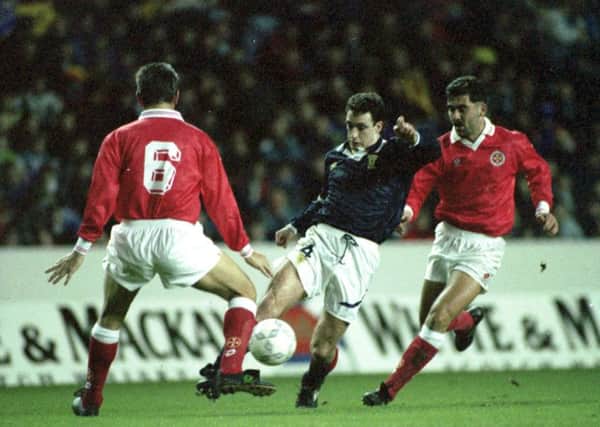 Paul McStay in action for Scotland against Malta at Ibrox in February 1993. Picture: TSPL