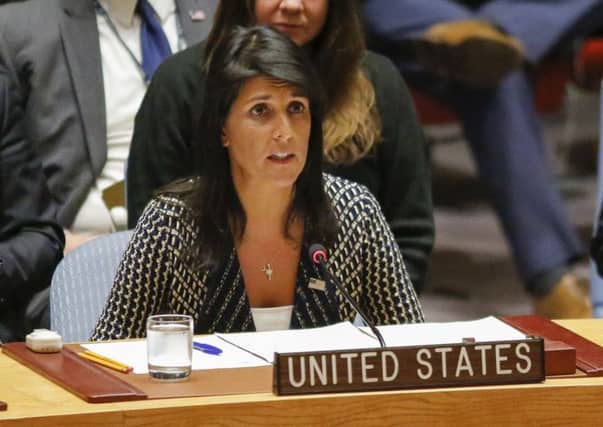 United States Ambassador to the UN Nikki Haley at a UN Security Council emergency meeting. Picture: AFP/Getty Images