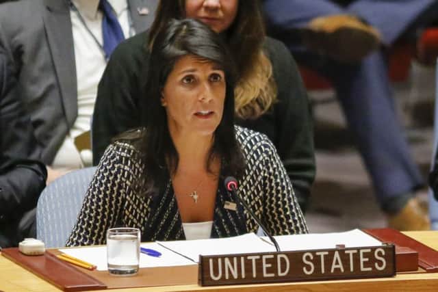 United States Ambassador to the UN Nikki Haley at a UN Security Council emergency meeting. Picture: AFP/Getty Images
