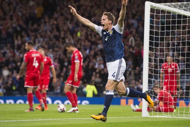 Scotland's Christophe Berra celebrates his opening goal. Picture: SNS/Alan Harvey