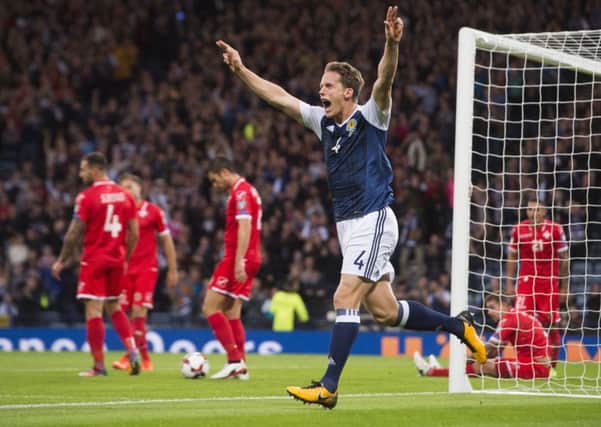 Scotland's Christophe Berra celebrates his opening goal. Picture: SNS/Alan Harvey