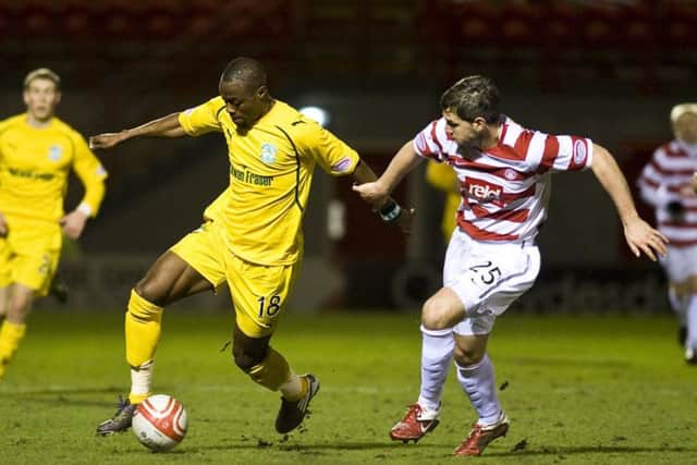 Akpo Sodje in action for Hibs against Hamilton at New Douglas Park. Picture: Ian Georgeson