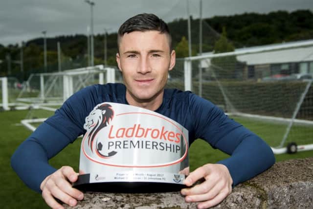 Michael O'Halloran receives the Ladbrokes Premiership Player of the Month award for August after scoring four goals in St Johnstone's unbeaten league run. Picture: SNS