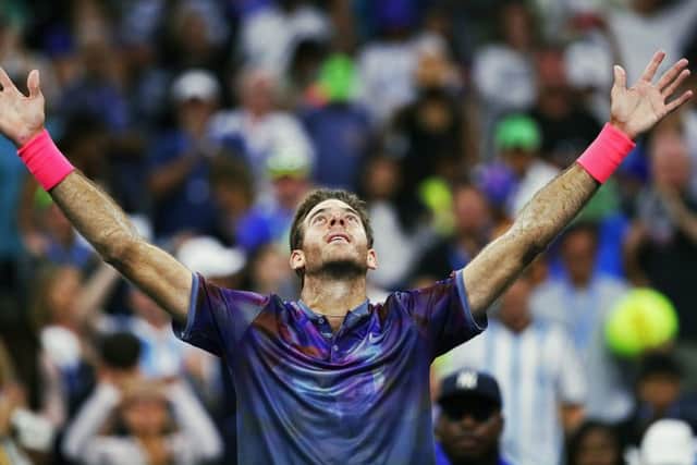 Juan Martin del Potro celebrates is fourth round win over Dominic Thiem of Austria. Picture: Clive Brunskill/Getty Images