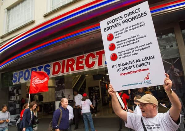 Unite protesters outside the Sports Direct flagship store on Oxford Street in London. Picture: Dominic Lipinski/PA Wire