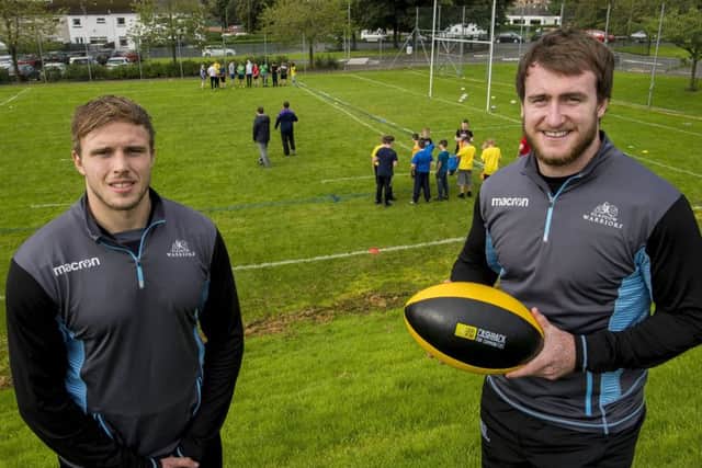 Warriors Jonny Gray and Stuart Hogg launch CashBack schools of rugby at Glasgows Smithycroft Secondary.