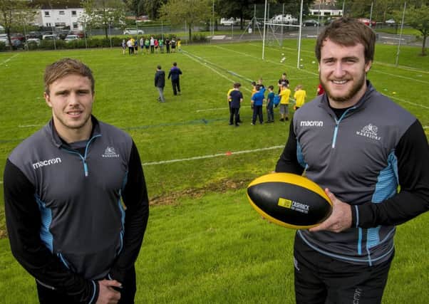 Warriors Jonny Gray and Stuart Hogg launch CashBack schools of rugby at Glasgows Smithycroft Secondary.
