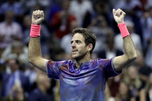 Juan Martin Del Potro celebrates after defeating Roger Federer during the quarter finals of the US Open tennis tournament. Picture: AP