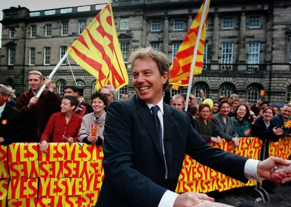 Prime MInister Tony Blair in Parliament Square, Edinburgh, the morning after the referendum on Scottish devolution which was a decisive Yes Yes