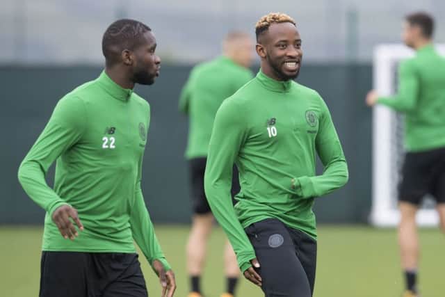 Celtic's most recent signing Odsonne Edouard with Moussa Dembele, right, in training before the Hamilton game. Picture: Craig Foy/SNS