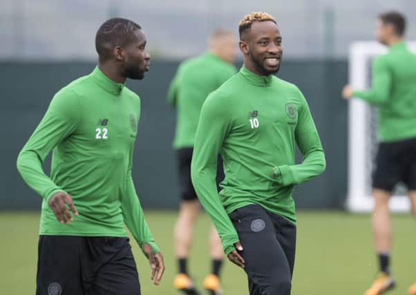 Celtic's most recent signing Odsonne Edouard with Moussa Dembele, right, in training before the Hamilton game. Picture: Craig Foy/SNS