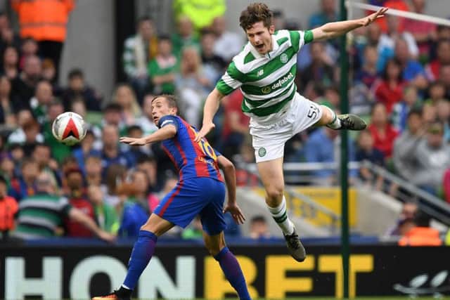 Anthony Ralston challenges Juan Camara for the ball during the International Champions Cup clash between Barcelona and Celtic. Picture: Getty Images