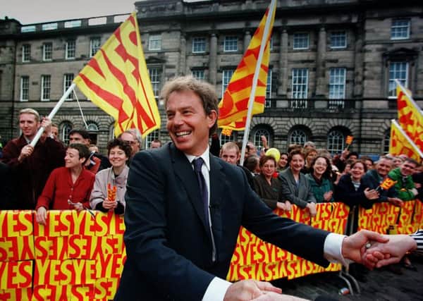 Tony Blair in Parliament Square, Edinburgh, the morning after the devolution referendum delivered a decisive Yes Yes vote. Picture: Alan Milligan
