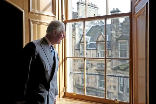 Charles visits the Patrick Geddes Centre at Riddle's Court, an A listed 16th Century courtyard house newly restored by Scottish Historic Buildings Trust. Picture : Jane Barlow/PA Wire