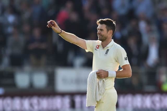 England's James Anderson holds the ball that took his 500th Test match wicket, West Indies' Kraigg Brathwaite for 4 runs. Picture: Glyn Kirk/AFP/Getty Images