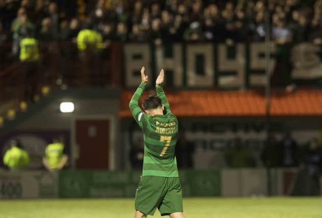 Celtic's Patrick Roberts applauds the fans as he's replaced. Picture: SNS