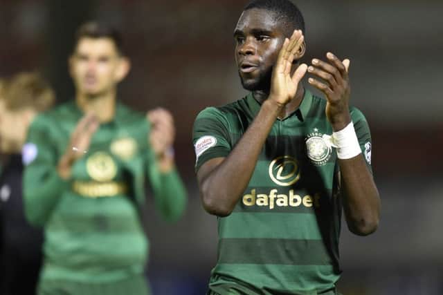 Celtics Odsonne Edouard applauds the fans at full-time following his goalscoring debut at Hamilton. Picture: SNS.