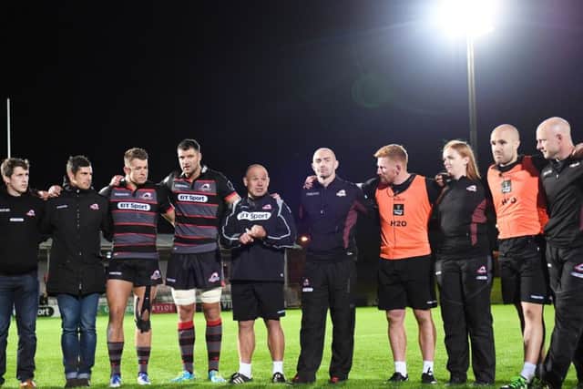 Edinburgh head coach Richard Cockerill with players and staff at full time. Picture:  Gary Hutchison/SNS