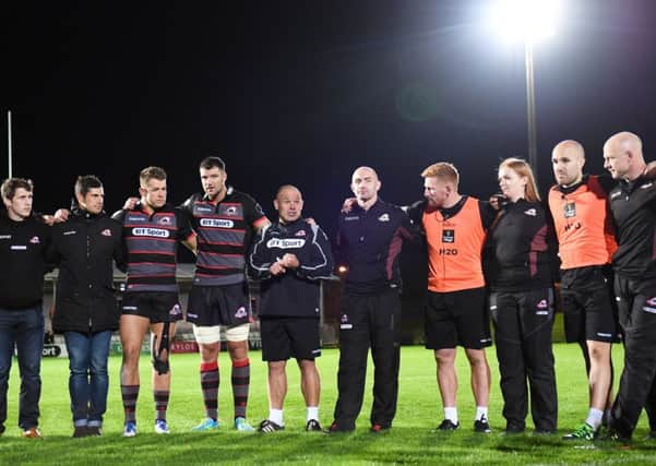 Edinburgh head coach Richard Cockerill with players and staff at full time. Picture:  Gary Hutchison/SNS