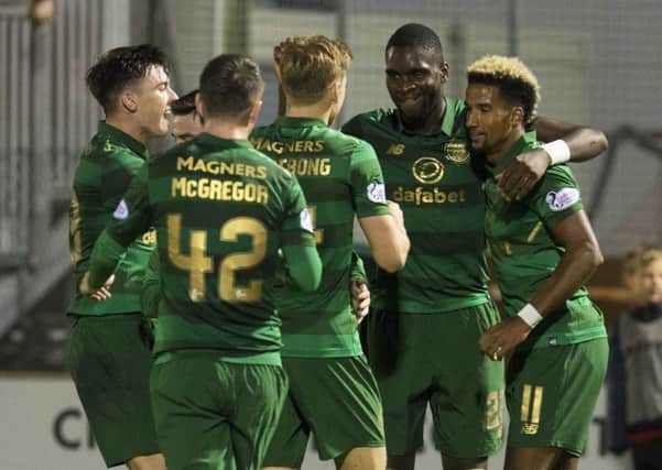 Celtic's Odsonne Edouard (second from right) celebrates his goal with his new team-mates. Picture: SNS