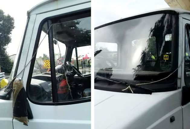 Police were stunned to find this van with its windscreen wipers being 'powered' by a piece of string.