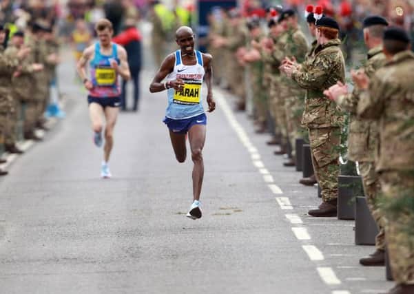 Mo Farah races for the line  to win the Great North Run. Picture: PA