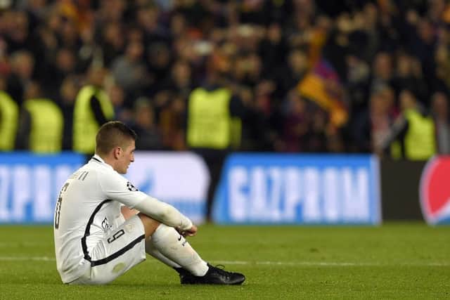 Paris Saint-Germain's Italian midfielder Marco Verratti after the club's dramatic defeat by Barcelona in the Champions League last 16 second leg last season. PSG had won the first lef 4-0. Picture Lluis Gene/AFP/Getty Images