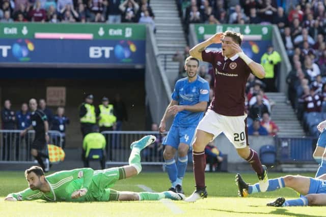 Hearts' Ross Callachan shows his frustration after Aberdeen goalkeeper Joe Lewis pulls off one of several terrific saves at Murrayfield. Picture: Bruce White/SNS