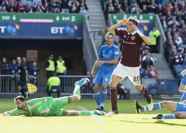 Hearts' Ross Callachan shows his frustration after Aberdeen goalkeeper Joe Lewis pulls off one of several terrific saves at Murrayfield. Picture: Bruce White/SNS