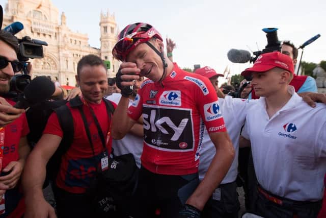 Chris Froome celebrates his historic Vuelta a Espana victory. Picture: Getty.