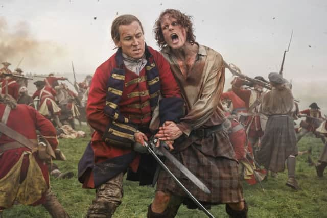 Jamie Fraser (Sam Heughan) meets his old foe Black Jack Randall on the battlefield at Culloden in a tense first episode of Outlander season three. PIC: Sony Pictures Television.