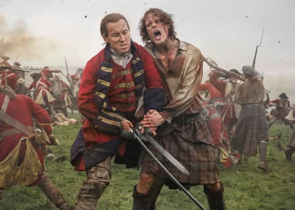 Jamie Fraser (Sam Heughan) meets his old foe Black Jack Randall on the battlefield at Culloden in a tense first episode of Outlander season three. PIC: Sony Pictures Television.