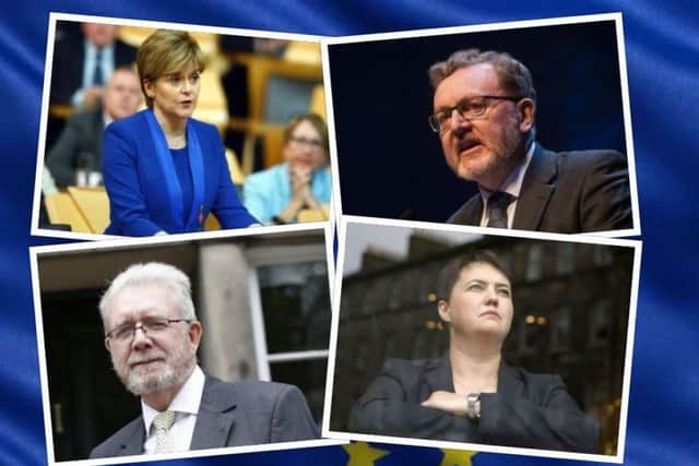 Senior Scottish Conservatives will meet with Brexit minister Michael Russell (bottom left) in a bid to find common ground on the impact of leaving the bloc on Scotland. Also pictured (clockwise from top left), Nicola Sturgeon, David Mundell and Ruth Davidson.