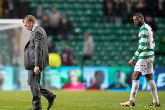 Celtic manager Brendan Rodgers at the end of the 5-0 defeat by Paris Saint Germain. Picture: Steve Welsh/Getty Images