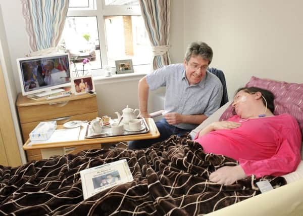 Dee McGreevy (Dierdre) and her husband Tommy (Thomas), pictured at Dee's care home in Uddingston, South Lanarkshire. Picture: Colin Hattersley Photography