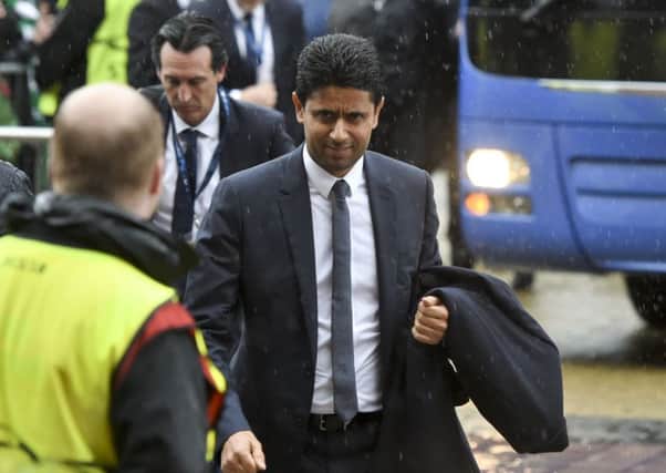 PSG owner Nasser Ghanim Al-Khelaifi arriving for the game at Celtic Park. Picture: SNS