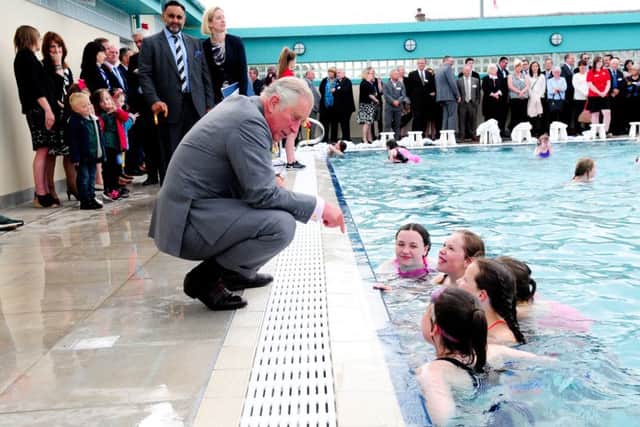 Prince Charles at opening refurbished New Cumnock open air swimming pool. Picture: Contributed