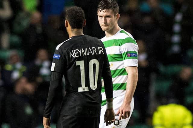 Celtic's Anthony Ralston speaks with PSG's Neymar at full-time. Picture: Alan Harvey/SNS