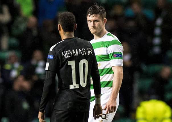 Celtic's Anthony Ralston speaks with PSG's Neymar at full-time. Picture: Alan Harvey/SNS