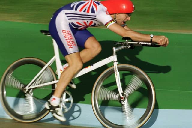 Graeme Obree of Great Britain in action during the preliminary round of the men''s individual pursuit at the Olympic Velodrome at Stone Mountain, Georgia, in 1996. Picture: Getty