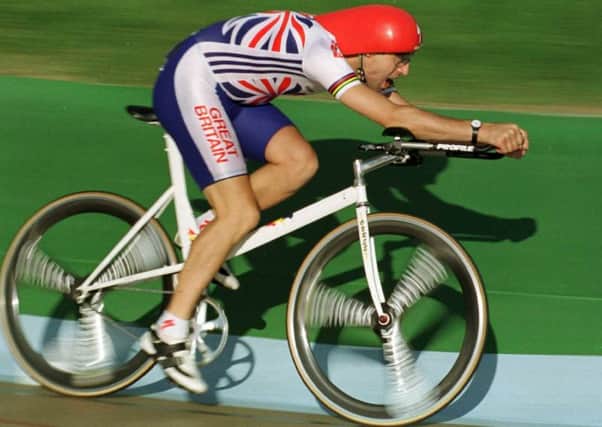 Graeme Obree of Great Britain in action during the preliminary round of the men''s individual pursuit at the Olympic Velodrome at Stone Mountain, Georgia, in 1996. Picture: Getty