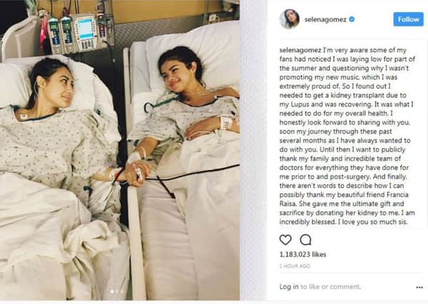 Selena Gomez (right) has revealed she has undergone a kidney transplant and has thanked her friend who was her organ donor. Picture: Selena Gomez/Instgram/PA Wire