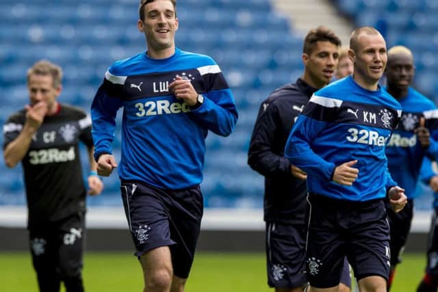 Rangers' Lee Wallace and Kenny Miller train at Ibrox ahead of the Partick Thistle match. Picture: Paul Devlin/SNS