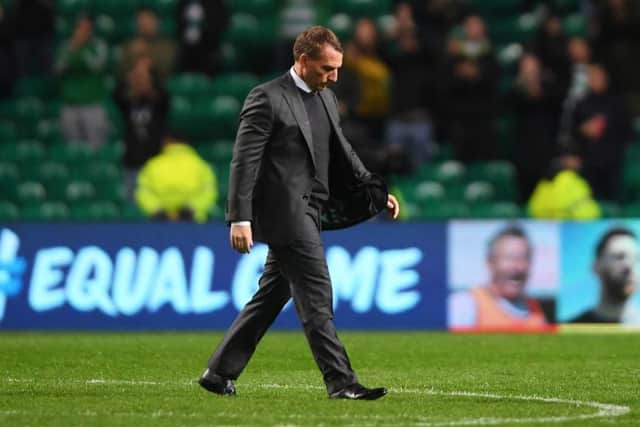 Brendan Rodgers walks off dejected after the defeat to PSG. Picture: Getty