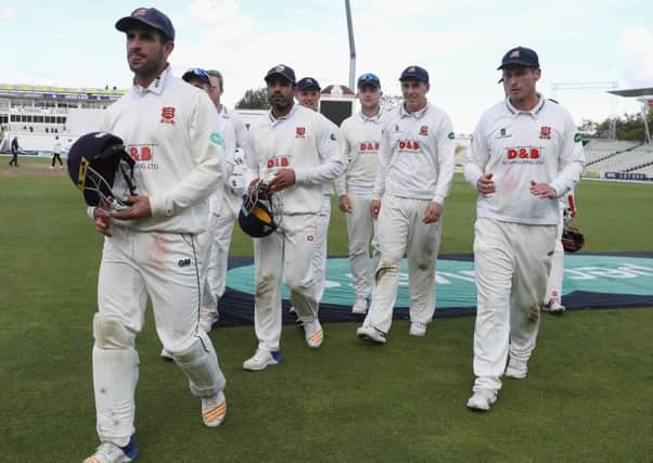 Essex captain Ryan ten Doeschate leads his men off the field after their vital win over Warwickshire at Edgbaston. Picture: David Rogers/Getty Images