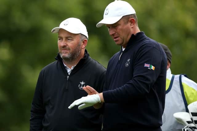 Damien McGrane and partner Greig Hutcheon look on during the morning fouball matches on day 1 of the PGA Cup at Foxhills. Picture: Jan Kruger/Getty Images